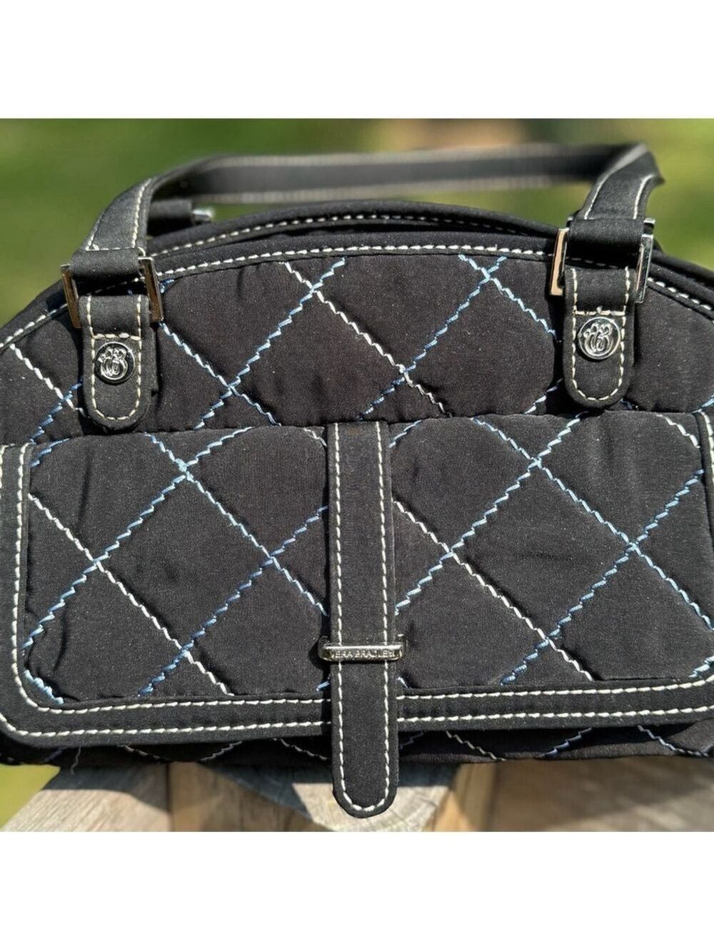 Vera Bradley Sausalito Quilted Handbag in Black Microfiber & Blue Stitch Detail - Picture 11 of 12